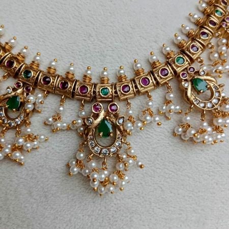 Handmade Brass Metal Jewellery Green Pearl Necklace Set